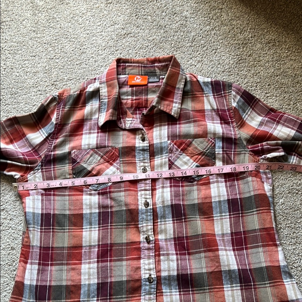 MERRELL Plaid Button Down 100% Cotton Women’s Large Burnt Orange Red Gray Pocket - Picture 6 of 11